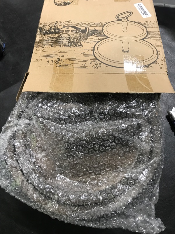 Photo 1 of Mustry Rustic Wooden 2 Tiered Tray, Round Farmhouse Kitchen Table Decor Serving Tier Tray, Food Fruits Cupcake Display Coffee Bar Home Party Seasonal Decorations (Brown)