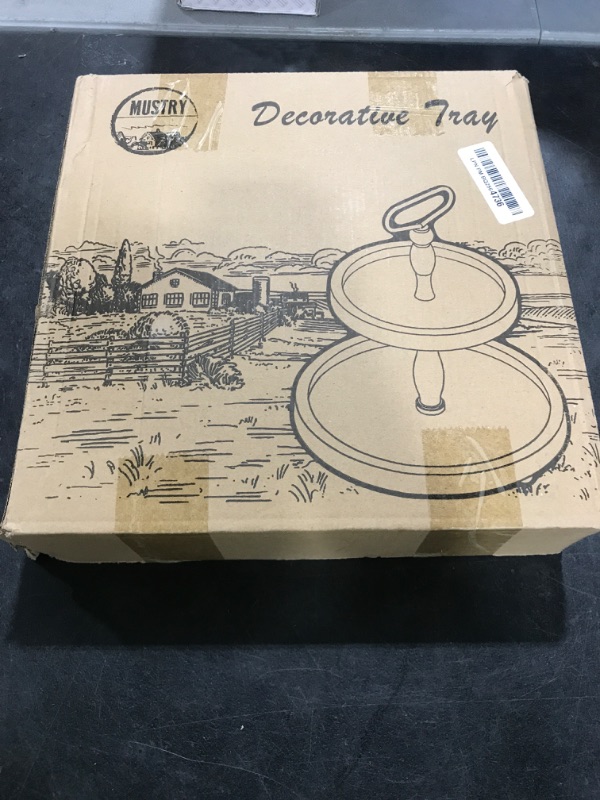 Photo 1 of Mustry Rustic Wooden 2 Tiered Tray, Round Farmhouse Kitchen Table Decor Serving Tier Tray, Food Fruits Cupcake Display Coffee Bar Home Party Seasonal Decorations (Brown)