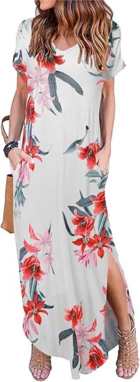 Photo 1 of Arolina Women's Summer Maxi Dress Short Sleeve V Neck Casual Loose Long Beach Split Dresses with Pockets size XL