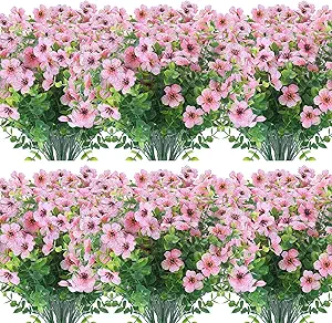 Photo 1 of 12 Bundles Artificial Flowers Outdoor UV Resistant Fake Plastic Plants Indoor Outside Hanging Plants Garden Porch Window Box Home Wedding Farmhouse Festive Shrub Decor (Pink)