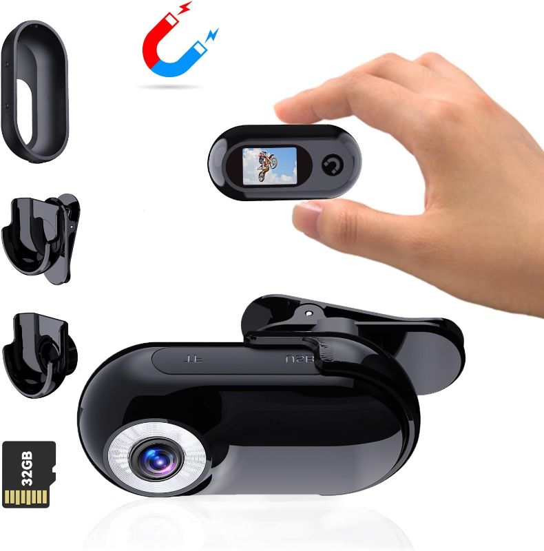 Photo 1 of Mini Action Camera 1080P with 32GB Card Sports Camera Pocket Wearable Body Camera Helmet Camera vlogging Camera Multi-Function Accessory Mini Body Camera Pocket Camera (Black)