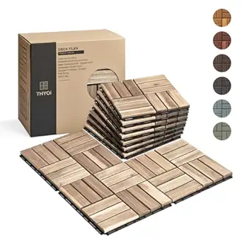 Photo 1 of 10 Pcs Interlocking Deck Tiles 12" x 12", Patio Flooring Outdoor Waterproof, Acacia Wood Tiles All Weather, Floor Tiles for Balcony, Backyard, Indoor and Outdoor use… (Dark Brown)
