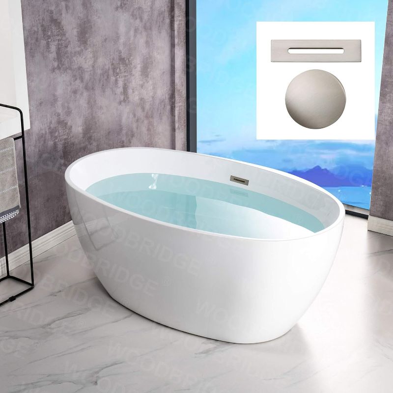 Photo 1 of WOODBRIDGE 55" Acrylic Freestanding Bathtub Contemporary Soaking White Tub with Brushed Nickle Overflow and Drain?B1418 -B/N-Drain &O
