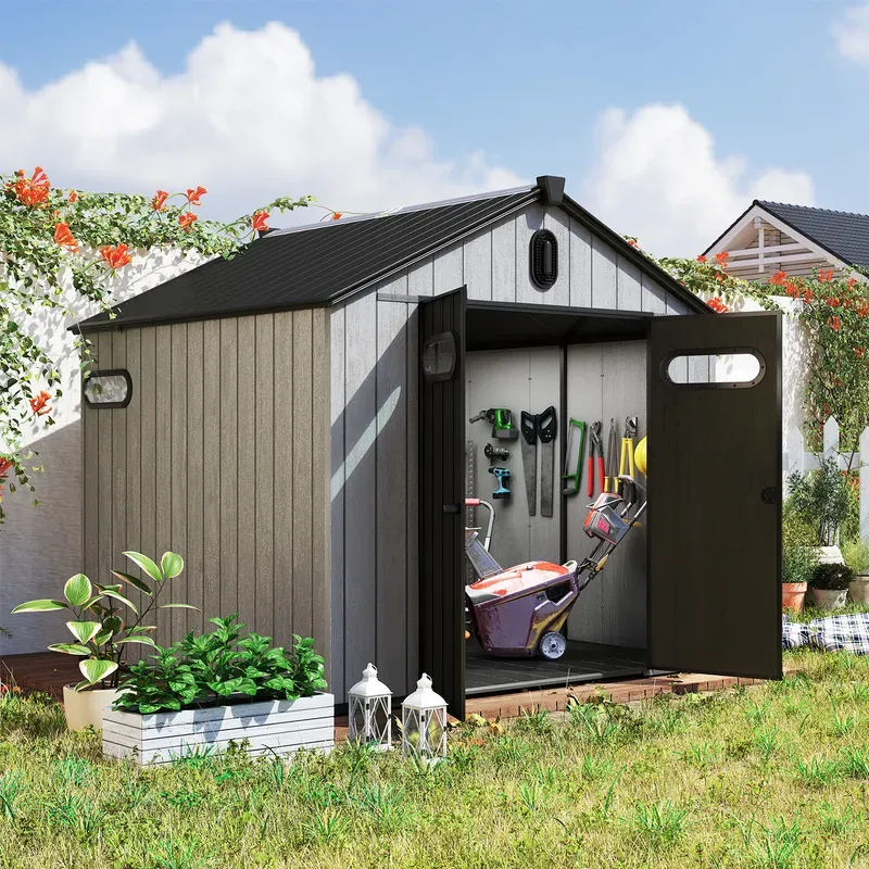 Photo 1 of 8x8ft Large Outdoor Resin Storage Shed 427 cu ft Waterproof Garden Shed with Floor Lockable Door Gray
