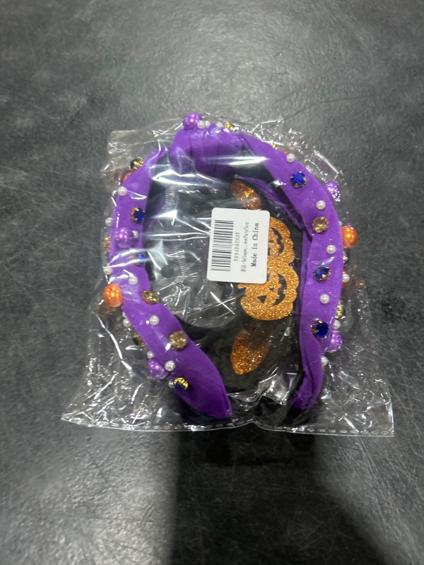 Photo 2 of Purple Halloween Headband for Women, Knotted Headbands, 2Pcs Horn Hairclips, Bling Beaded Pumpkin Ghost Top Knot Headbands Halloween Hairband, Party Favors Gifts