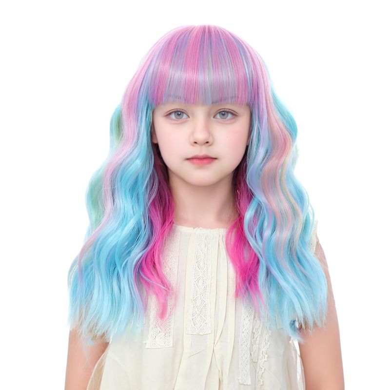 Photo 1 of Kids Colorful Wig with Bangs 14 Inch Halloween Cosplay Wigs for Kids Girls Wavy Hair Synthetic Wig with Upgraded Strands,Shoulder Length Wig for Costume Parties (14 Inch,Colorful)
