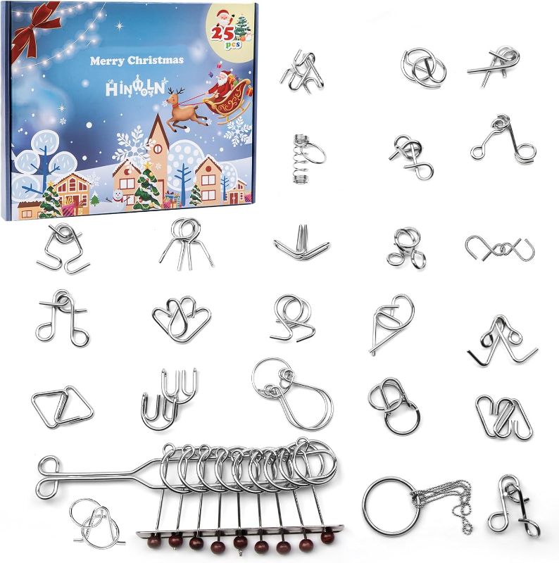 Photo 1 of Metal Brain Teaser Puzzles - Unlock Interlock Game for Kids, Christmas Gift 25 Days Christmas Countdown Calendar, Metal Unlock Interlock Game, IQ Logic Test Puzzles Game, 3D Puzzle Toy Brain Teaser for Kids and Adults Age 6-105
