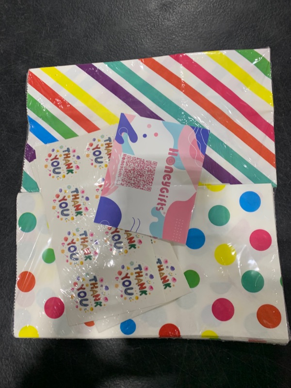 Photo 2 of HONEYGIFTS 24PCS Party Favor Bags, Goodie Bags with Sealing Stickers, Colorful Treat Bags Candy Bags Rainbow Stripe and Dots For Kids Birthday 4.7" x 3.1" x 8.7"