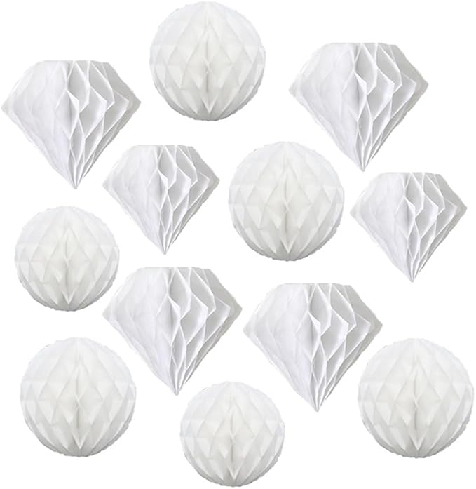 Photo 2 of 12pcs 6'' 8''Honeycomb Balls Tissue Paper Party Honeycomb Diamond Decor Paper DIY Pom Poms Flower Balls Hanging Honeycomb for Baby Shower Birthday Wedding Nursery Wall Decor(White kit)