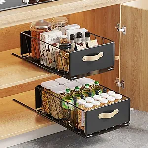 Photo 2 of 1Pack Pull Out Cabinet Organizer, Slide Out Cabinet Drawers Fixed with Adhesive Film, Heavy Duty Sliding Kitchen Organizers and Storage, Sliding Mesh Cabinet Basket for Pantry, Bathroom, Bedroom