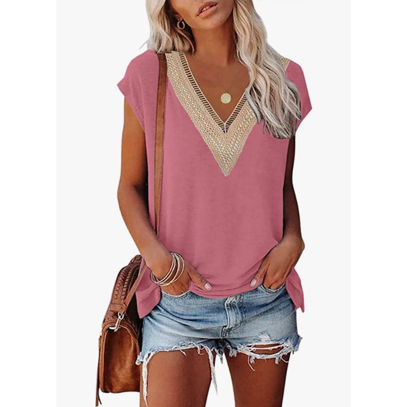 Photo 1 of Basic Tops for Women Trendy Cap Sleeve Casual Shirts Floral Print Lace V Neck Loose Fit Blouses PINK SIZE L