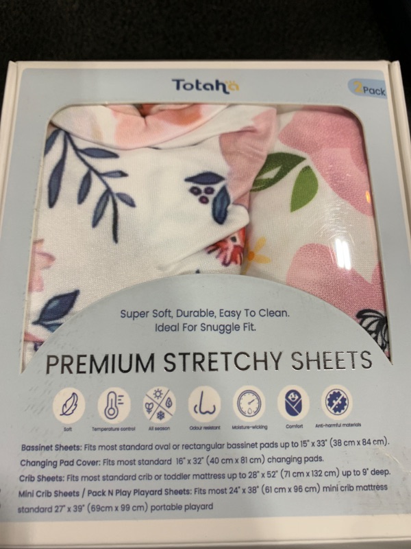 Photo 2 of TotAha Premium Stretchy Bassinet Sheets for Baby Girl, Silky Comfort Cradle Sheets Fitted 18 x 36 for Oval, Rectangular, Hourglass Mattress, Hypoallergenic, Buttery Soft 2-Pack (Floral & Pale Pink)