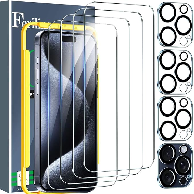 Photo 1 of Ferilinso 4 Pack Screen Protector for iPhone 15 Pro Max, with 4 Pack Tempered Glass Camera Lens Protector, Phone Case Friendly Ultra Accessories Protector de Pantalla for Apple iPhone 15 Pro Max