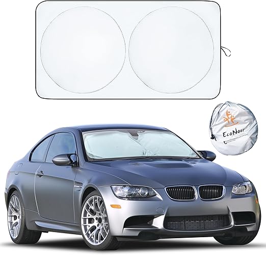 Photo 1 of EcoNour Car Windshield Sun Shade | Reflective Sunshade for Ultimate Protection | Overlapping Design | 240T Polyester | Fits Small Sedans, Mini SUVs, Hatchbacks | Medium (64x32 inches)