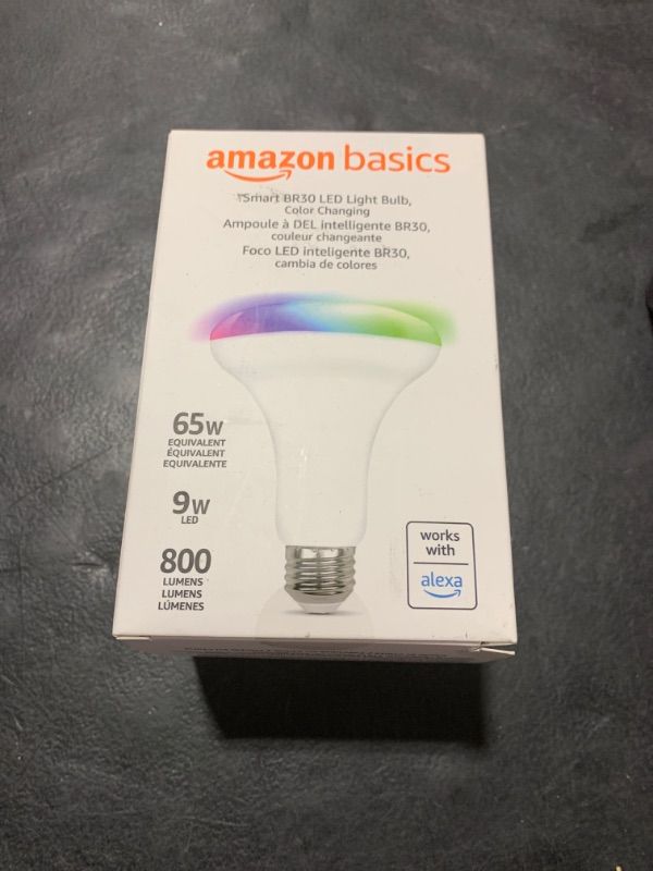 Photo 2 of Amazon Basics Smart BR30 LED Light Bulb, Color Changing, 60W Equivalent, 800LM, Works with Alexa Only, 2.4 GHz Wi-Fi, No Hub Required, 1-Pack