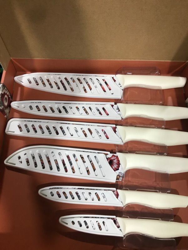 Photo 2 of Marco Almond Knife Set Artistic Designed Pattern Kitchen Knife 6 Stainless Steel Kitchen Knives w 6 Blade Guards,Dishwasher Safe Kitche Knife Set for Family Kitchen Knives Set for Chefs Red-White