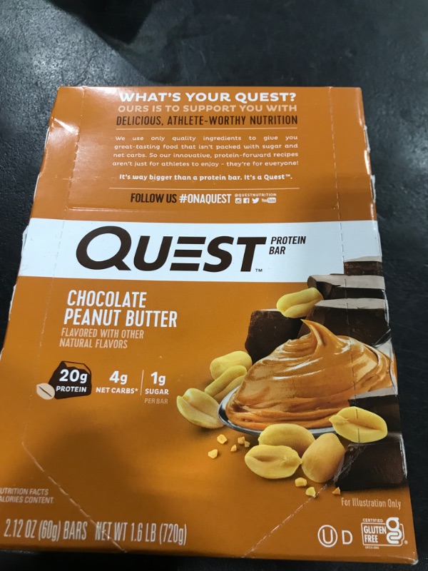 Photo 2 of Quest Nutrition Chocolate Peanut Butter Bars, 20g Protein, 1g Sugar, 5g Net Carb, Gluten Free, Keto Friendly, 12 Count Chocolate Peanut Butter 12 Count (Pack of 1)// BB 09/20/24