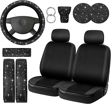 Photo 1 of Aurelema Bling Car Seat Covers Set Car Diamond Accessories with Shiny Bling Car Seat Covers Bling Steering Wheel Cover Seat Belt Pads Glitter Center Pad Cup Drill Rings Universal (Silver,Front Seat)