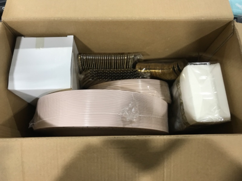 Photo 2 of LUODA 210PCS Pink Disposable Plates, Pink Plastic Plates Set, Includes: 30 Dinner Plates, 30 Dessert Plates, 90 Silverware Sets, 30 Gold Cups, 30 Napkin, Ideal for Party and Wedding