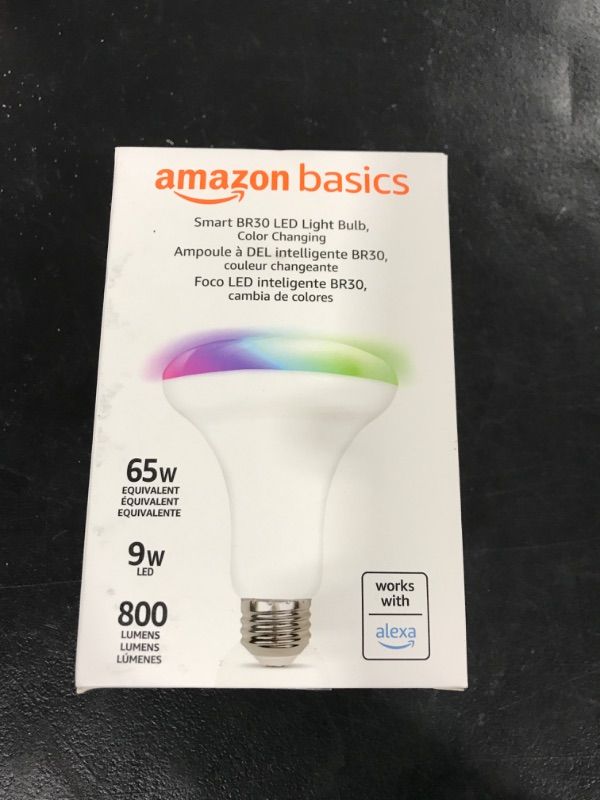 Photo 2 of Amazon Basics Smart BR30 LED Light Bulb, Color Changing, 60W Equivalent, 800LM, Works with Alexa Only, 2.4 GHz Wi-Fi, No Hub Required, 1-Pack