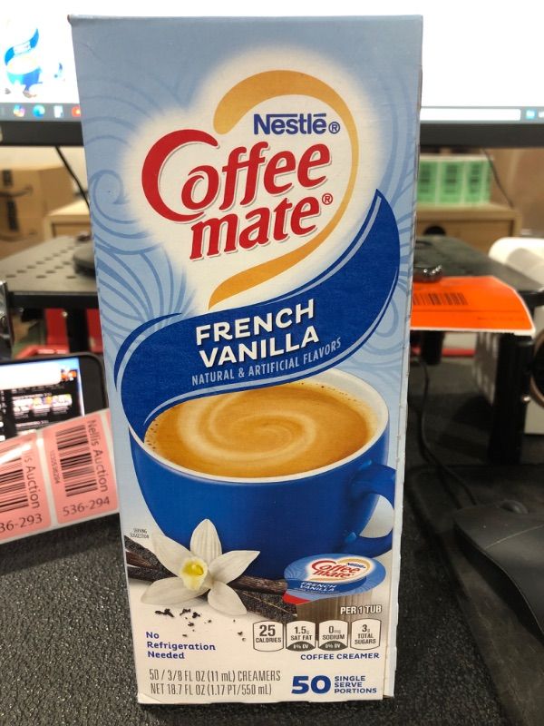 Photo 2 of French Vanilla Liquid Coffee Creamer Singles, 50 Creamer Singles Serve Box (18.7 Fl Oz.), Coffee Creamer Packets BB 01.25