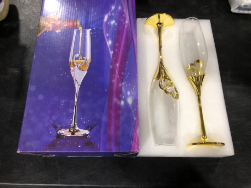 Photo 2 of Wedding Champagne Glass Set Gold Toasting Flute Glasses Deluxe Pack of 2 with Rhinestone Rimmed Hearts Decoration for Wedding