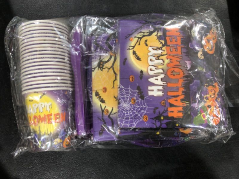 Photo 2 of Halloween Dinnerware Set,Happy Halloween Tableware 142pcs Purple Halloween Party Plates And Napkins Cups Tablecloth For Halloween Party Table Decorations