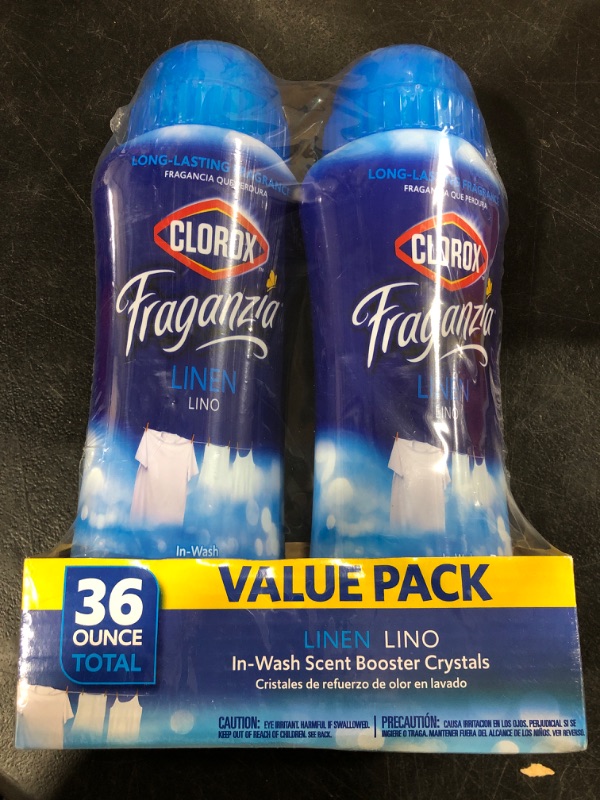 Photo 2 of Clorox Fraganzia Laundry Scent Booster Crystals in Linen Scent, Twin Pack, Scented In-Wash Freshener Beads for Fresh, Clean, Great Smelling Clothes and Linens, 18 Oz - 2 Pack