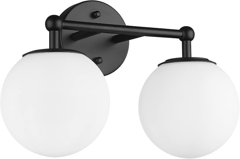 Photo 1 of Black Vanity Light, 2 Light Black Modern Bathroom Light Fixtures Over Mirror with White Milk White Globe Glass Shade for Bathroom
