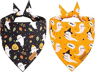 Photo 1 of THLOH Halloween Dog Bandanas - 2 Pack Fall Dog Bibs | Reversible Pumpkin and Ghost Pet Scarf for Boys and Girls | Premium Durable Fabric | Boo Dog Bandana for Medium and Large Dogs (Large)