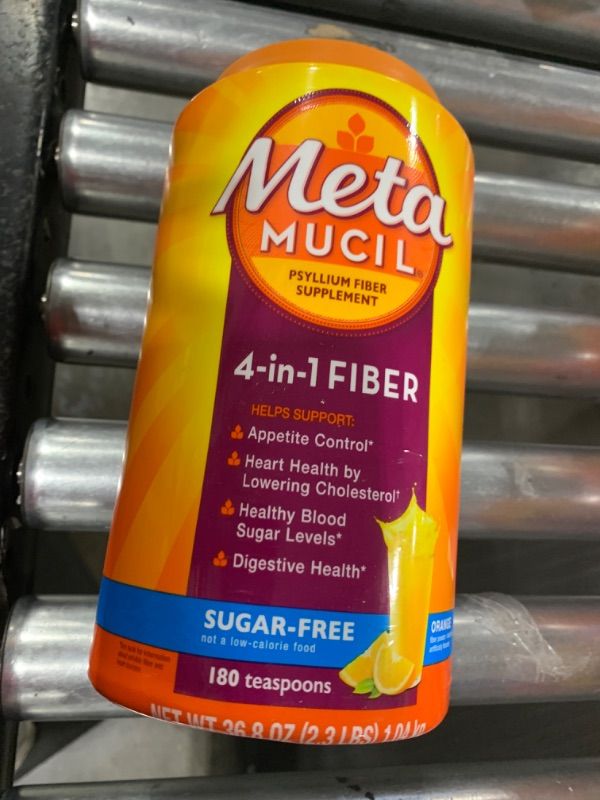 Photo 2 of     Metamucil 4 in 1 Daily Fiber Supplement Powder, Fiber Powder for Digestive Health and Regularity*, Sugar-Free, Orange, Naturally Sourced Psyllium Fiber, 180 teaspoons 180 Servings (Pack of 1) Sugar Free 180 count EXP-01/2027
