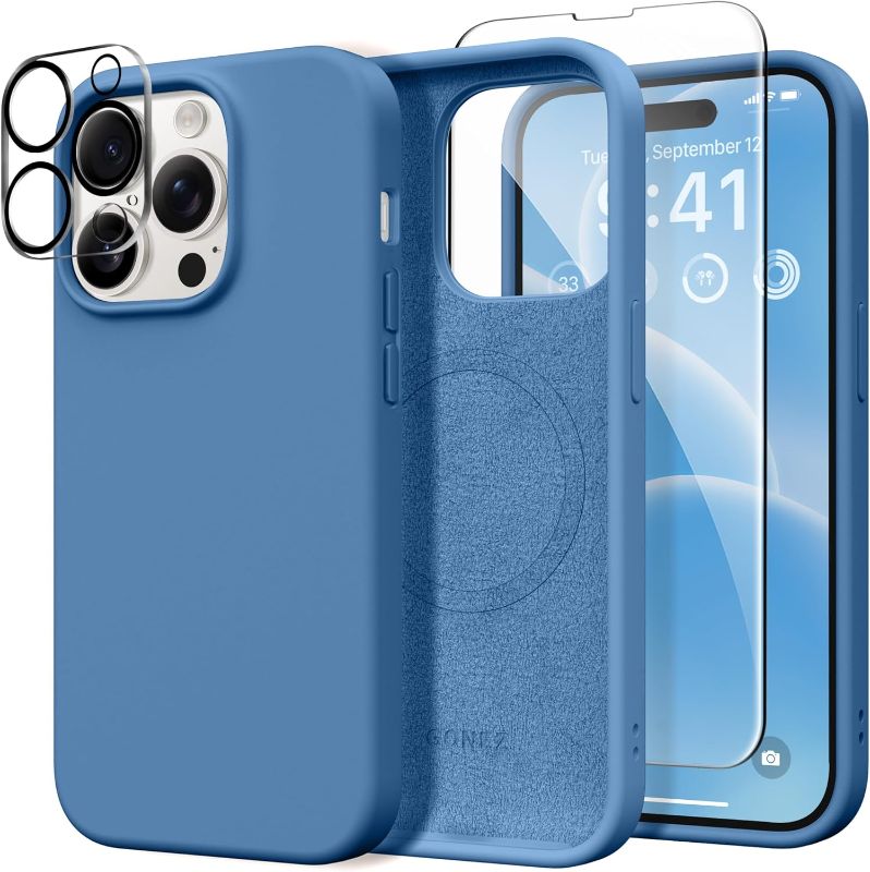 Photo 1 of GONEZ for iPhone 14 Pro Case, Compatible with Magsafe, with 2X Screen Protector + 2X Camera Lens Protector, Soft Anti-Scratch Microfiber Lining, Shockproof Liquid Silicone Phone Cover, Lavender Gray