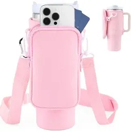 Photo 1 of Water Bottle Carrier Bag with Pocket for Stanley 40 oz Tumbler with Handle Neoprene Sports Water Bottle Holder Pouch with Adjustable Strap, Straw Cover Carabiner for Stanley Cup Accessories (Pink)