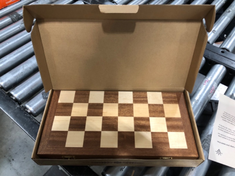 Photo 2 of VAMSLOVE 14inch Checkers Folding Wooden Game Set, 8x8 Classic Checkerboard International Checkers Draughts Board 64 Square with Pieces Storage Slots (Instructions Included)