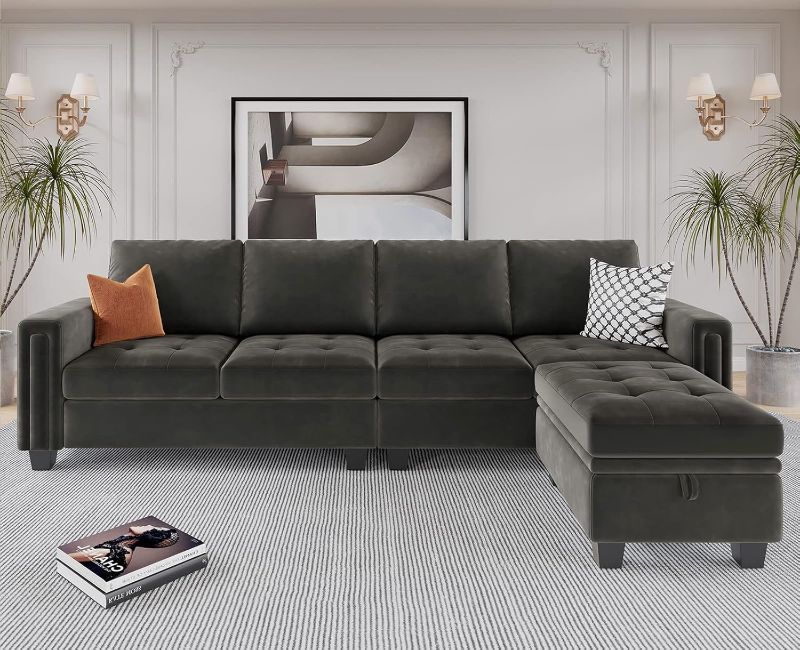 Photo 1 of (OTTOMAN ONLY) Belffin Velvet Reversible Sectional Sofa with Chaise Convertible L Shaped 4-seat Sectional Couch with Storage Ottoman Grey (box 1/4)
