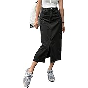 Photo 1 of Women's Casual Slit Denim Midi Jean Skirt Stretch High Waisted Button Up Frayed with Pockets