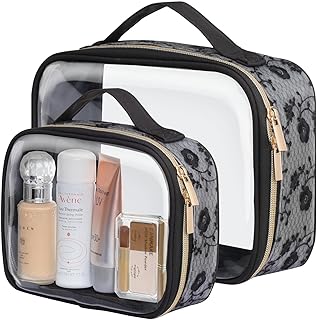 Photo 1 of PACKISM Floral Texture Lace TSA Approved Toiletry Bag - 180° Large Opening Clear Makeup Bags in 2 Size, Clear Cosmetic Bags with Handle, 0.5 mm Thick Non-deformable No Smell, Black