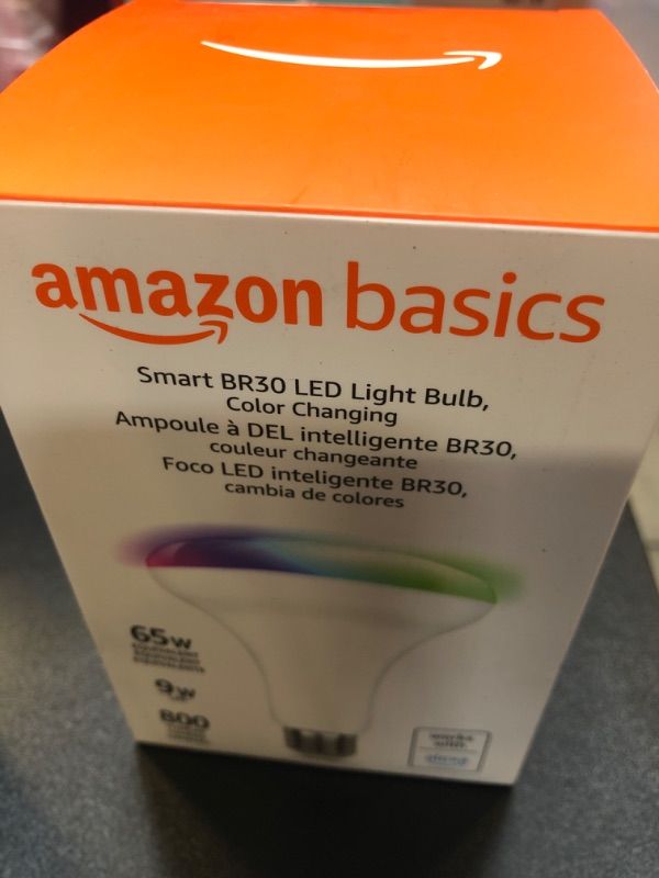 Photo 2 of Amazon Basics Smart BR30 LED Light Bulb, Color Changing, 60W Equivalent, 800LM, Works with Alexa Only, 2.4 GHz Wi-Fi, No Hub Required, 1-Pack