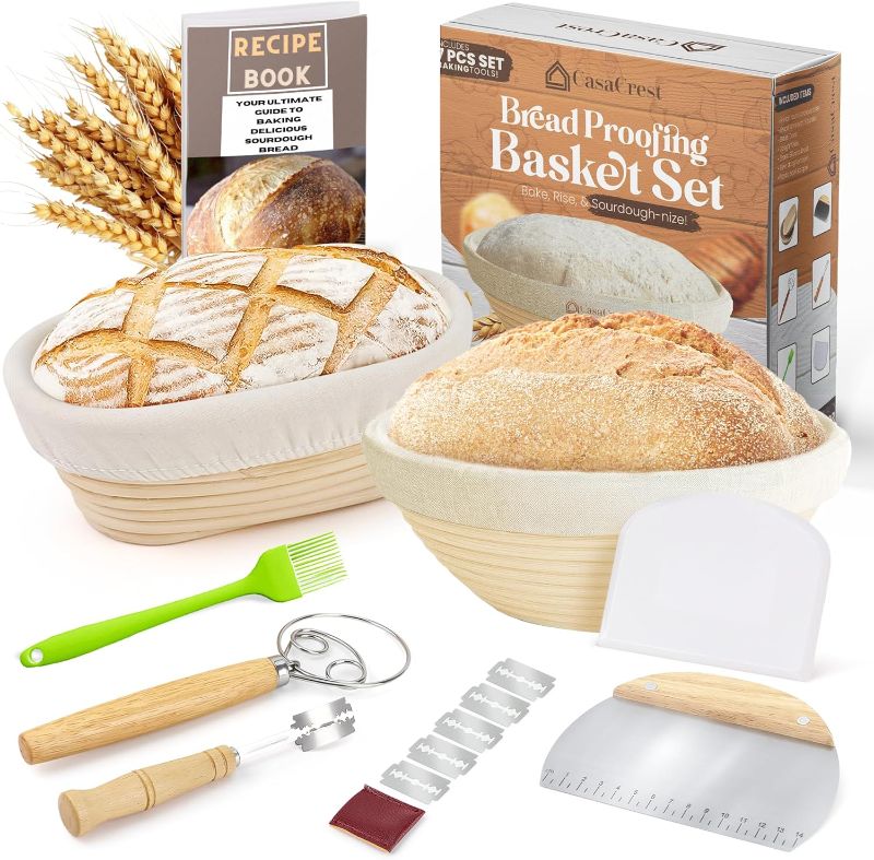 Photo 1 of Casa Crest Sourdough Bread Baking Kit - Includes 1 Oval and 1 Round Banneton Basket for Proofing and Rising, Bowl Scraper, Cookbook, Liners, and Tools - Accessories and Supplies for Adults
