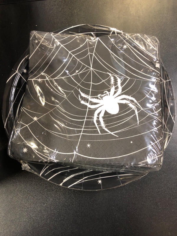 Photo 2 of ZVK Spider Web Paper Plates and Napkins Set 60 Pieces for Halloween Black Cobweb Party Plates Paper Napkins Disposable Tableware Party Supplies Table Decorations