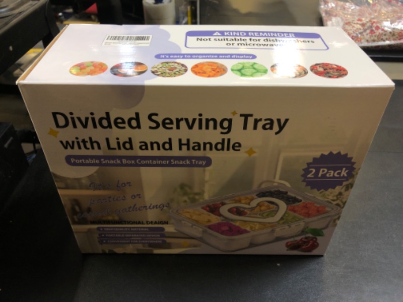 Photo 1 of Wuoerr Snack Box Container, Portable Snack Box Container, Divided Serving Tray with Lid and Handle Snackle Box, Clear Organizer for Veggie, Tray, Candy, Fruits, Nuts, Snacks (8 Compartments)