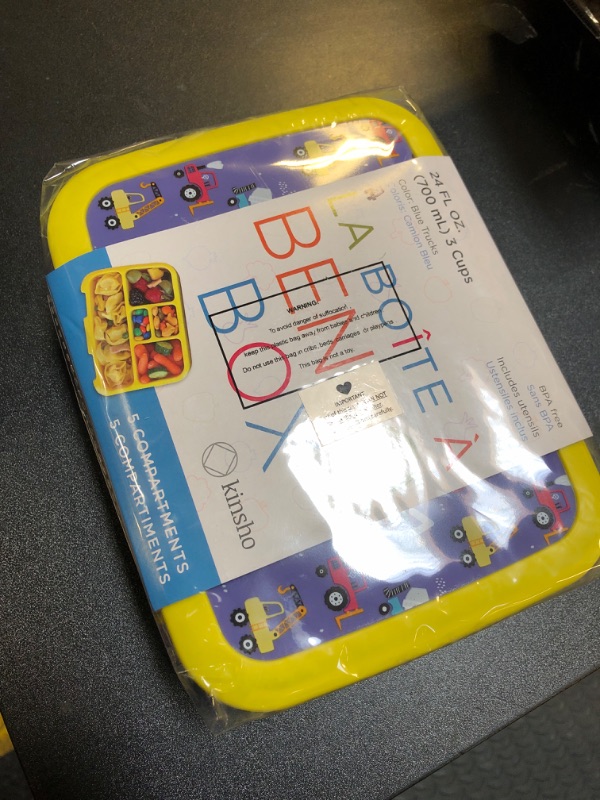 Photo 1 of kinsho Bento Lunch Box for Kids Toddlers Boys, 5 Portion Sections Secure Lid, Microwave Safe BPA Free Removable Tray, Pre-School Kid Daycare Lunches Snack Container Ages 3 to 5, Blue Yellow Trucks