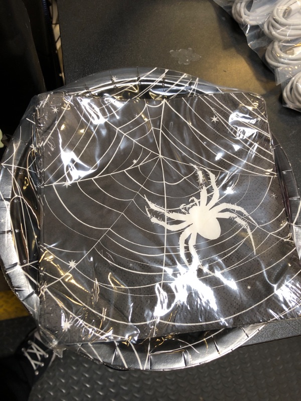 Photo 2 of ZVK Spider Web Paper Plates and Napkins Set 60 Pieces for Halloween Black Cobweb Party Plates Paper Napkins Disposable Tableware Party Supplies Table Decorations