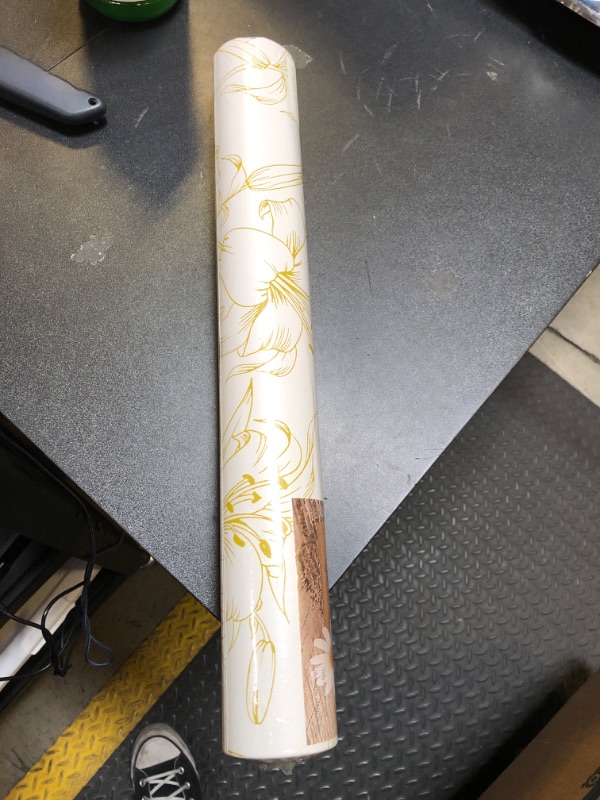Photo 1 of Heroad Brand Floral Peel and Stick Wallpaper 393"x17.3" Gold and White Wallpaper Boho Peel and Stick Wallpaper Lily Contact Paper Self Adhesive Removable Wallpaper for Cabinets Shelf Liner Vinyl Roll