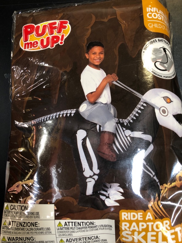 Photo 2 of Spooktacular Creations Inflatable Costume for Kids, Ride-on Dinosaur Costume, Riding a Skeleton Raptor Air Blow Up Costumes for Halloween Costume Parties, Fits 7-10 yrs (3ft11” - 4ft7”)