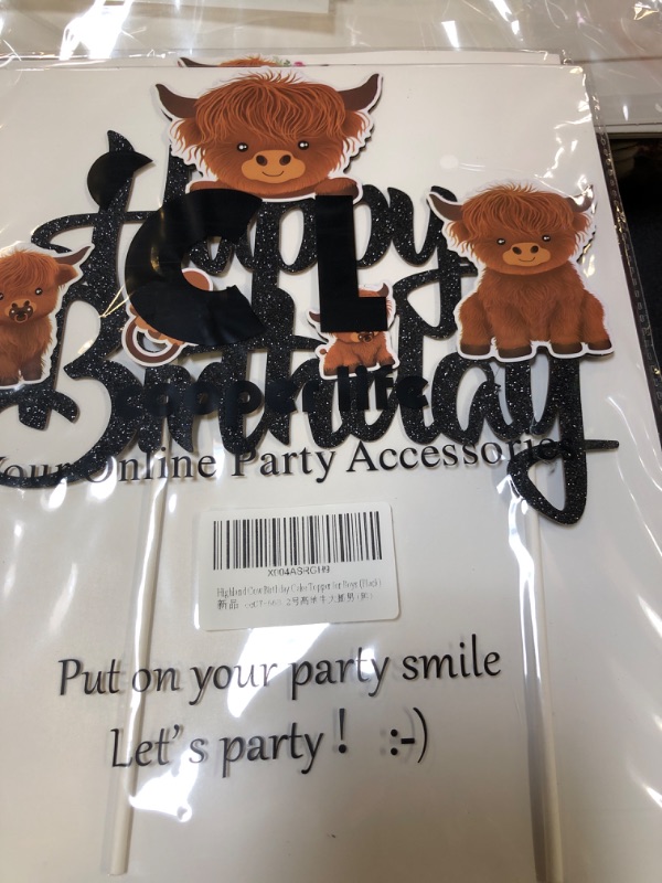 Photo 1 of Highland Cow Birthday Cake Topper Glitter Black Highland Cow Birthday Party Decorations Cow Birthday Cake Topper Cow Cake Decorations for Farm Baby Shower Supplies
