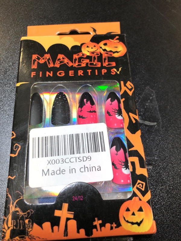 Photo 1 of Halloween Press on Nails Medium, Halloween Black Fake Nails Almond Acrylic Nails, Glossy Glue on Nails Black Bat False Nail with Design Halloween Nails for Women Girls Manicure Nail Decorations 24PCS