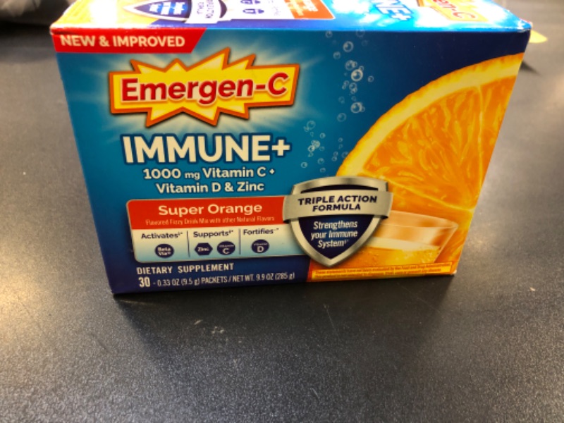 Photo 1 of Emergen-C Immune+ Triple Action Immune Support Powder, BetaVia (R), 1000mg Vitamin C, B Vitamins, Vitamin D and Antioxidants, Super Orange – 30 Count (Pack of 1) Orange Powder