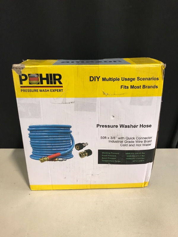 Photo 1 of POHIR Pressure Washer Hose 50FT 3/8" for Cold & Hot Water (Up to 248?) 4800 PSI Kink Resistant Industrial Grade Steel Wire Braided QC Ends with 2 M22-14mm to 3/8" Adapters for Professional and Home