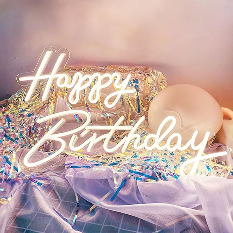 Photo 1 of Happy Birthday Neon Sign,23x8 &16.5x8 Inch,Large Happy Birthday Light up Sign for Backdrop,10 Levels Adjustable Brightness Reusable Happy Birthday Sign for Birthday Party Decoration(Warm White)